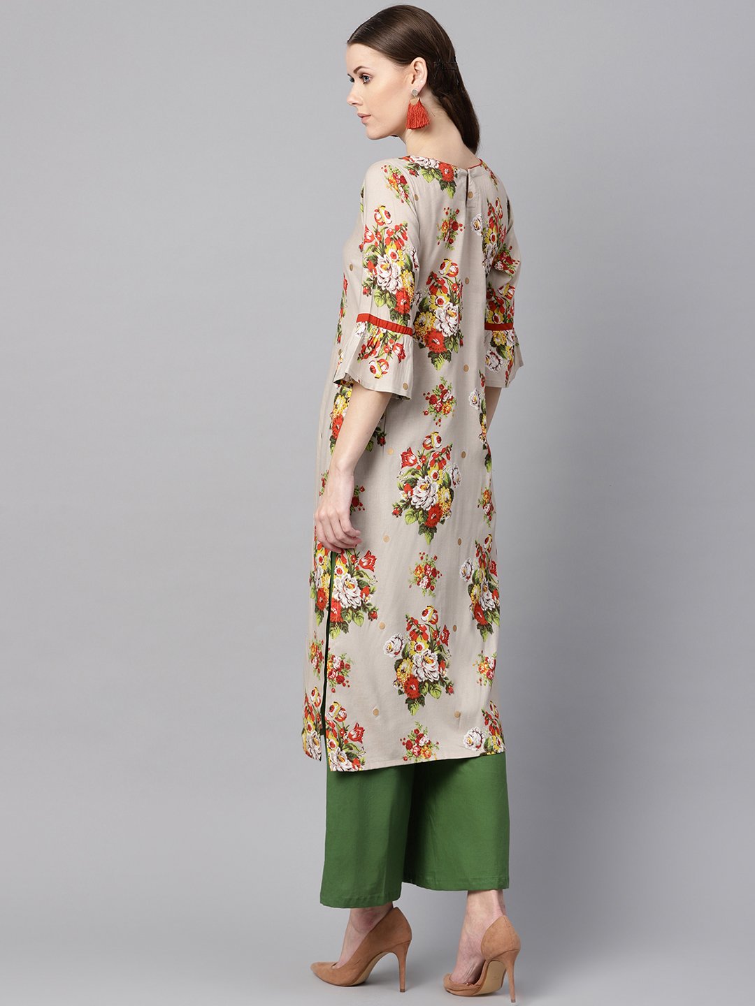 Women's Floral Gold Printed Straight Kurta With Gathered Sleeves & Solid Olive Green Pallazo