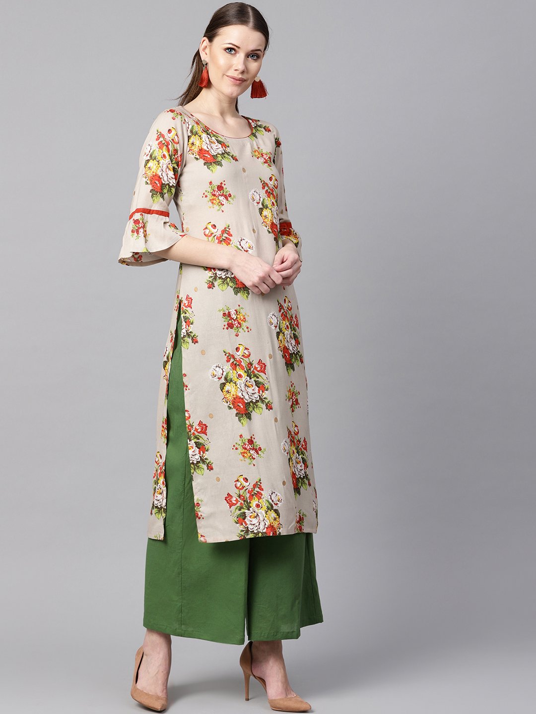 Women's Floral Gold Printed Straight Kurta With Gathered Sleeves & Solid Olive Green Pallazo