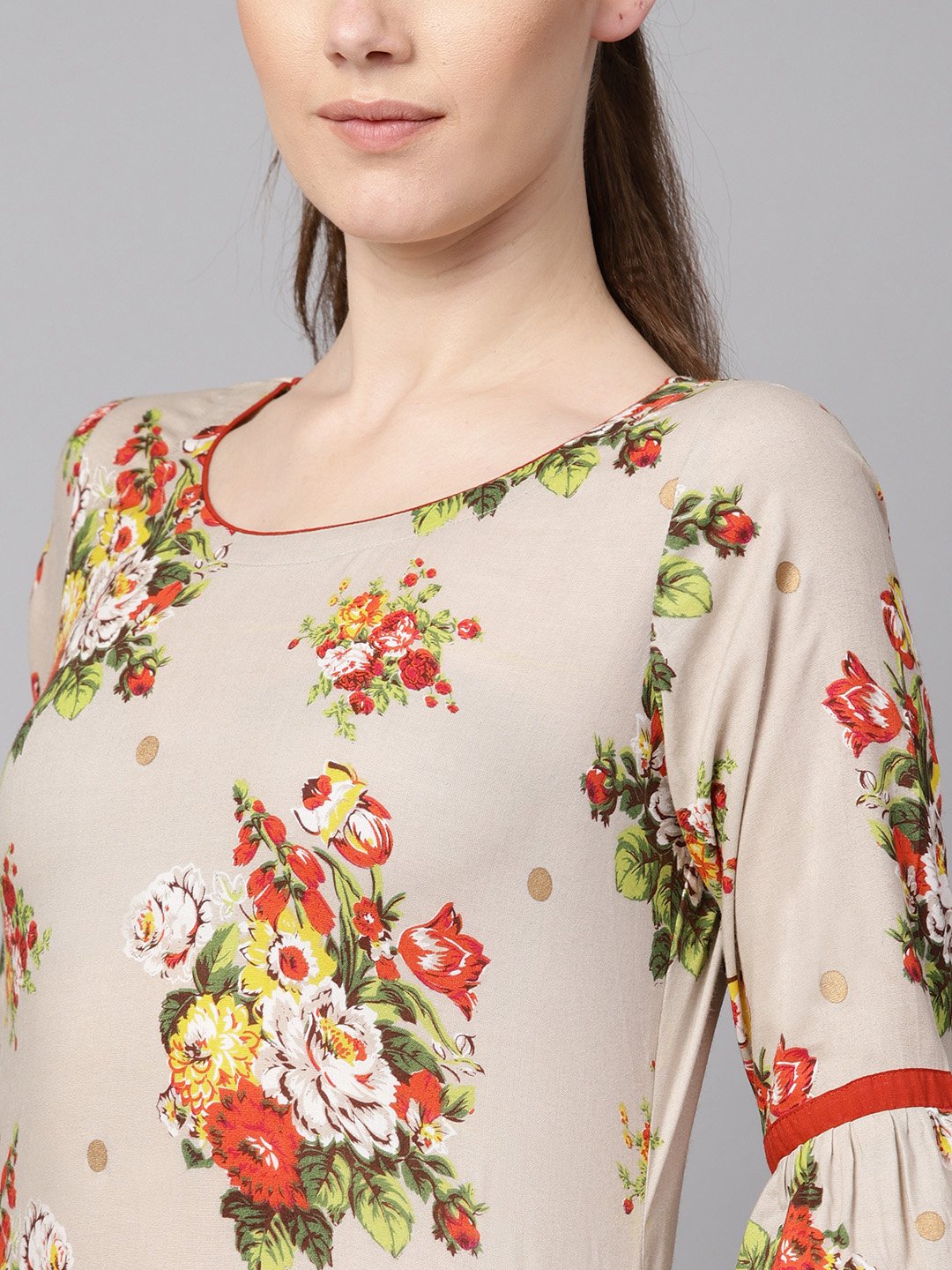 Women's Floral Gold Printed Straight Kurta With Gathered Sleeves & Solid Olive Green Pallazo