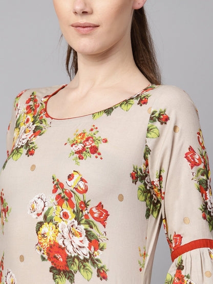Women's Floral Gold Printed Straight Kurta With Gathered Sleeves & Solid Olive Green Pallazo