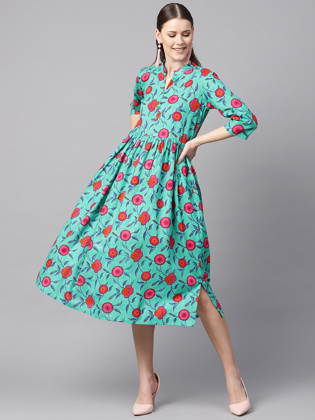 Women's Blue Colored Floral Printed 3/4Th Sleeve Pleated Dress