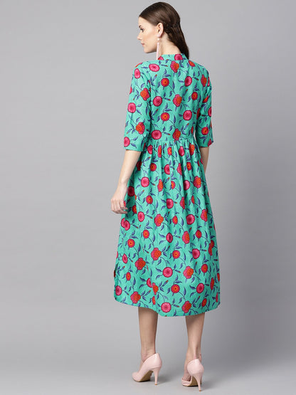 Women's Blue Colored Floral Printed 3/4Th Sleeve Pleated Dress