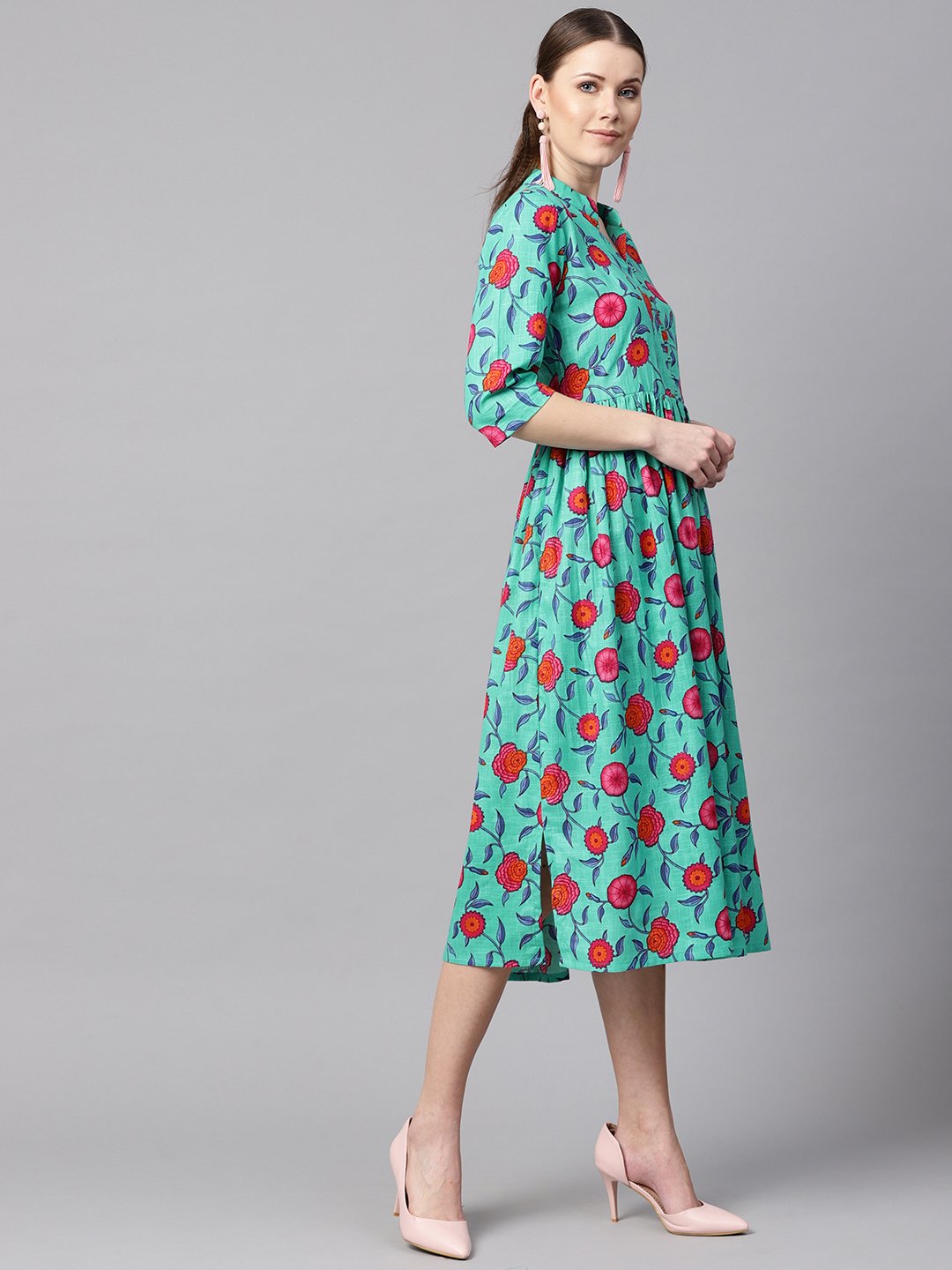 Women's Blue Colored Floral Printed 3/4Th Sleeve Pleated Dress