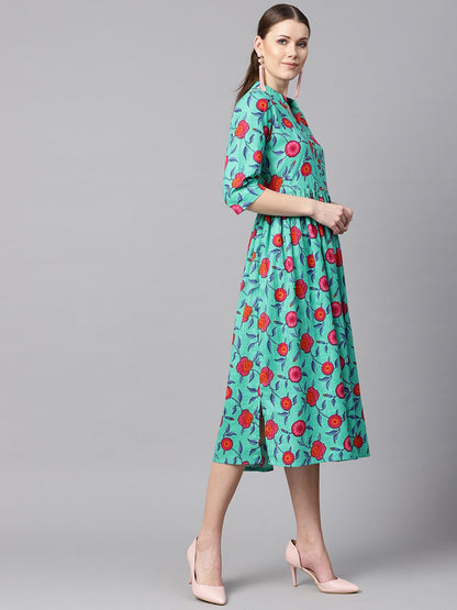 Women's Blue Colored Floral Printed 3/4Th Sleeve Pleated Dress