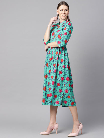 Women's Blue Colored Floral Printed 3/4Th Sleeve Pleated Dress