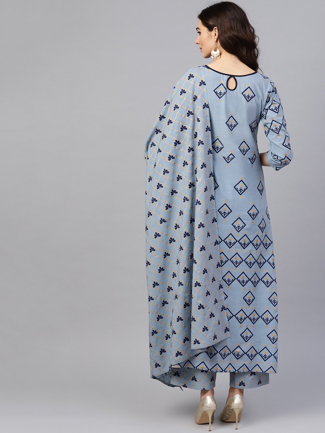 Women's Blue & Golden Printed Kurta With Trousers & Dupatta