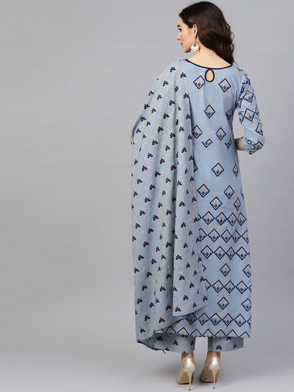Women's Blue & Golden Printed Kurta With Trousers & Dupatta