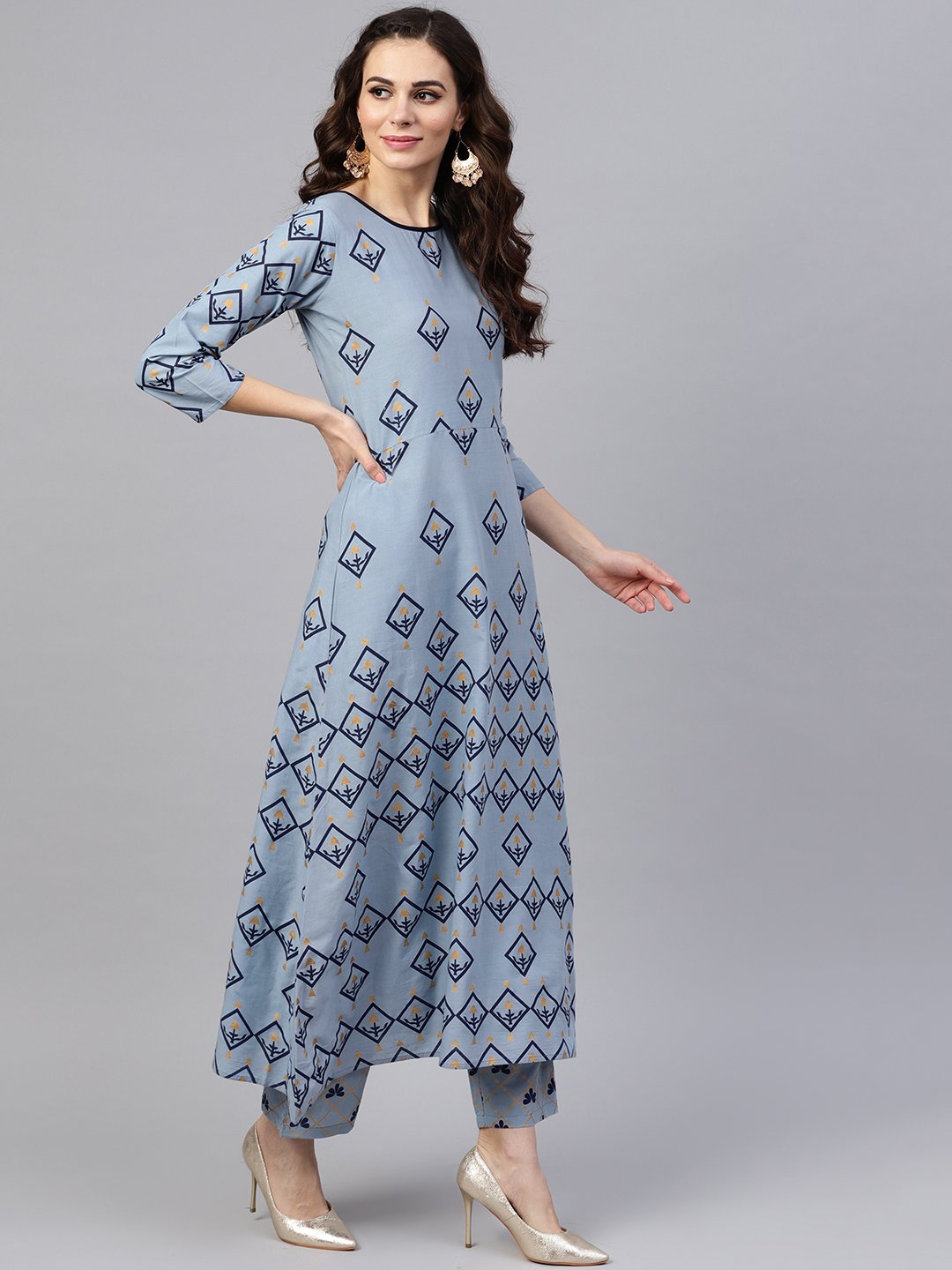 Women's Blue & Golden Printed Kurta With Trousers & Dupatta
