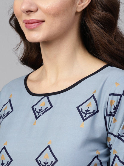 Women's Blue & Golden Printed Kurta With Trousers & Dupatta