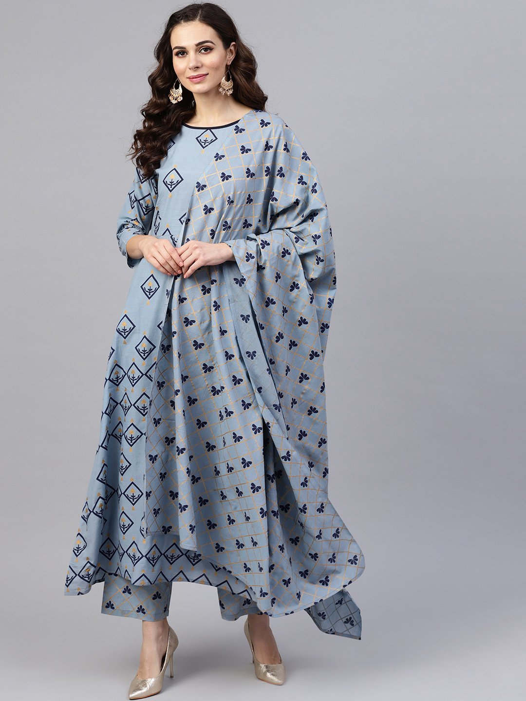 Women's Blue & Golden Printed Kurta With Trousers & Dupatta
