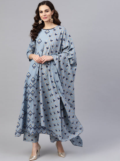 Women's Blue & Golden Printed Kurta With Trousers & Dupatta