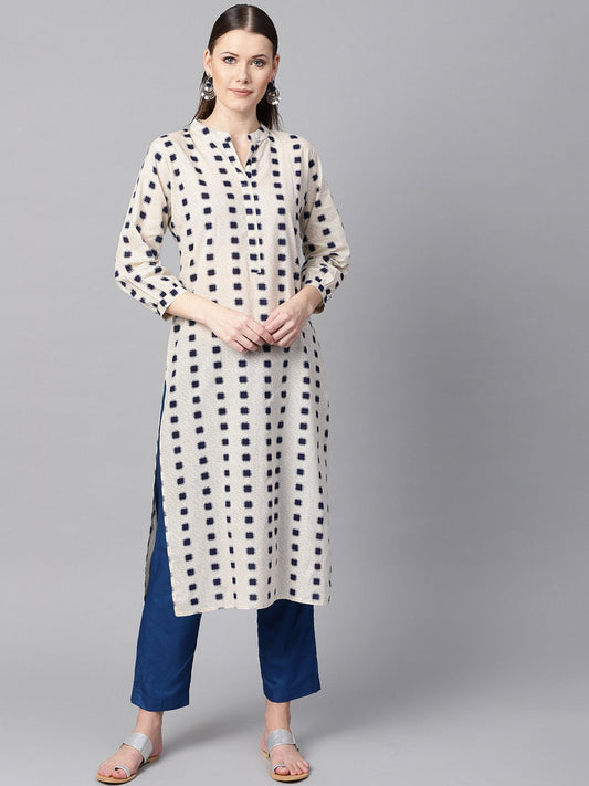 Women's Beige Geometric Printed Cotton Straight Kurta