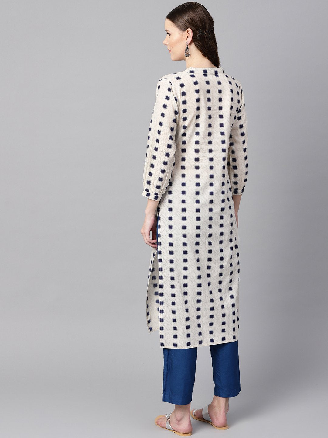 Women's Beige Geometric Printed Cotton Straight Kurta