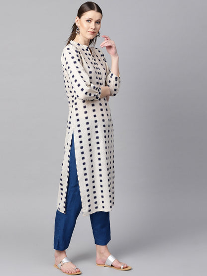 Women's Beige Geometric Printed Cotton Straight Kurta