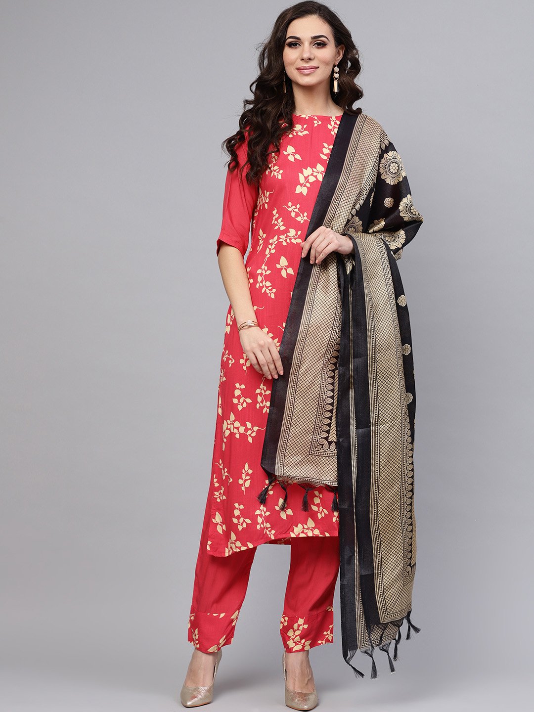 Women's Leaf Printed Straight Kurta And Solid Pants With Printed Dupatta