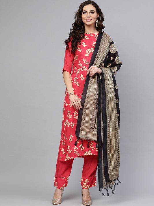 Women's Leaf Printed Straight Kurta And Solid Pants With Printed Dupatta