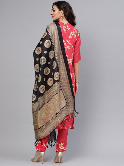 Women's Leaf Printed Straight Kurta And Solid Pants With Printed Dupatta