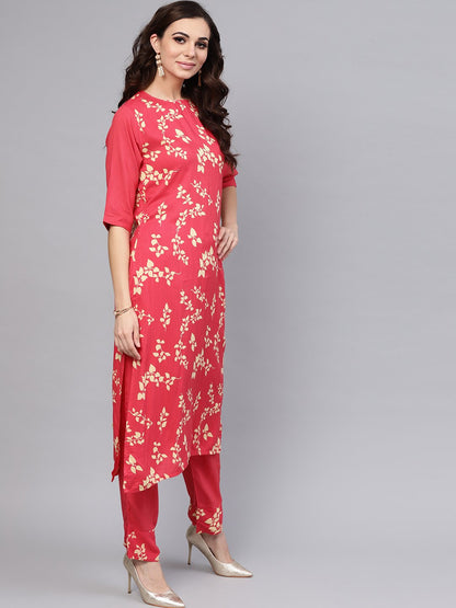 Women's Leaf Printed Straight Kurta And Solid Pants With Printed Dupatta
