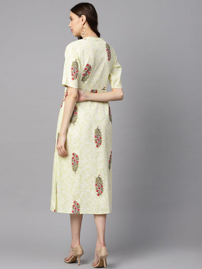 Women's Floral Printed Dress With Side Pleats