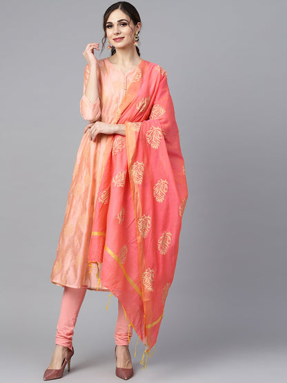 Women's Peach Two-Toned Gold Chanderi Anarkali With Solid Light Pink Churidar And Printed Chanderi Dupatta