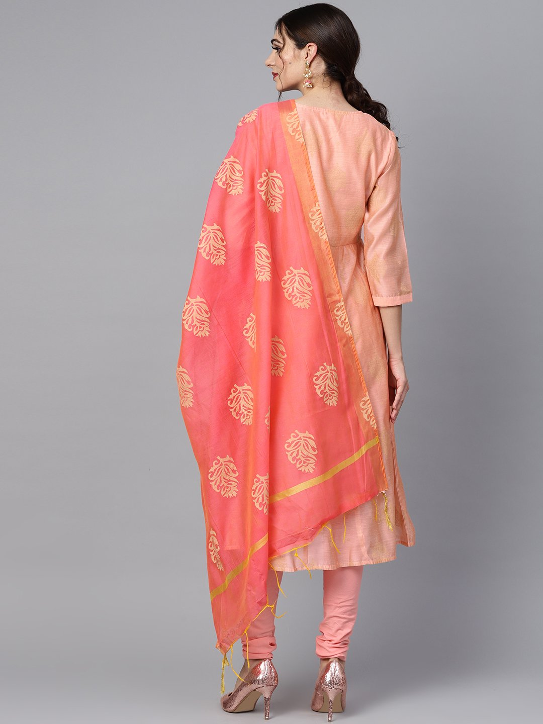 Women's Peach Two-Toned Gold Chanderi Anarkali With Solid Light Pink Churidar And Printed Chanderi Dupatta