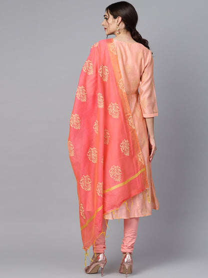 Women's Peach Two-Toned Gold Chanderi Anarkali With Solid Light Pink Churidar And Printed Chanderi Dupatta