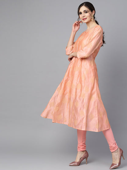 Women's Peach Two-Toned Gold Chanderi Anarkali With Solid Light Pink Churidar And Printed Chanderi Dupatta