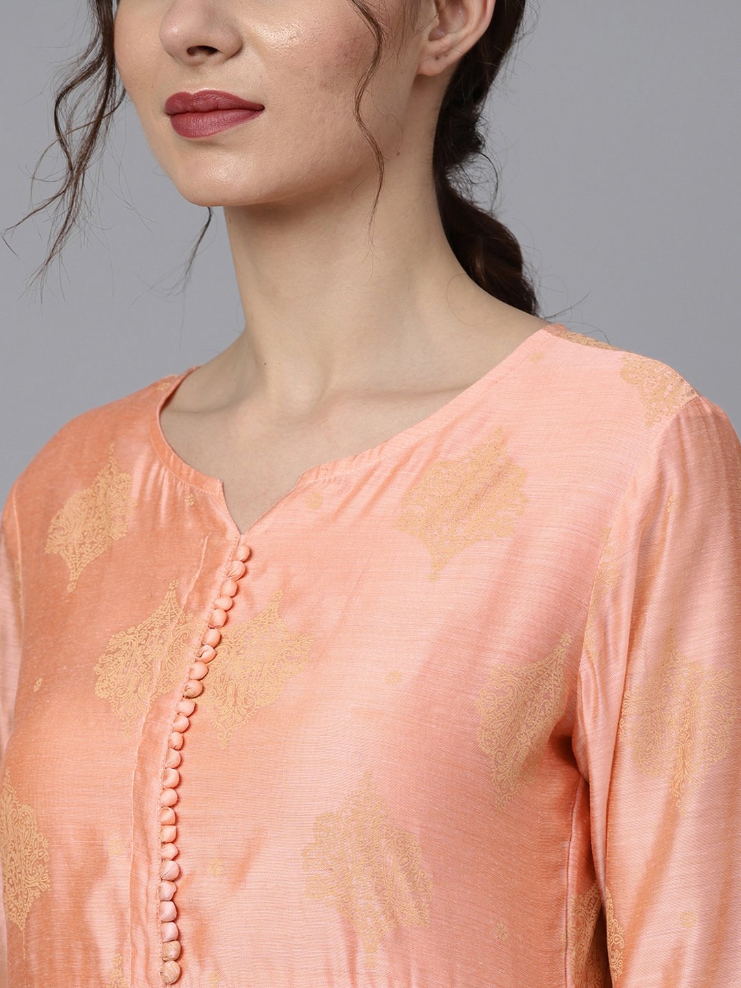 Women's Peach Two-Toned Gold Chanderi Anarkali With Solid Light Pink Churidar And Printed Chanderi Dupatta