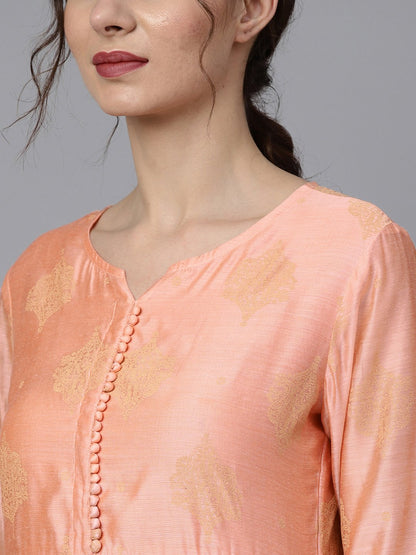 Women's Peach Two-Toned Gold Chanderi Anarkali With Solid Light Pink Churidar And Printed Chanderi Dupatta