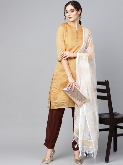 Women's Mustard Brown Chanderi Straight Kurta With Lining With Solid Chocolate Brown Rayon Pants With Kotadoriya Dupatta