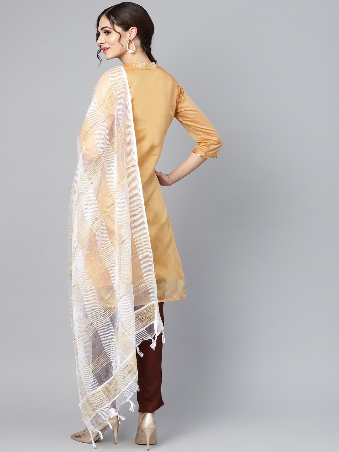 Women's Mustard Brown Chanderi Straight Kurta With Lining With Solid Chocolate Brown Rayon Pants With Kotadoriya Dupatta