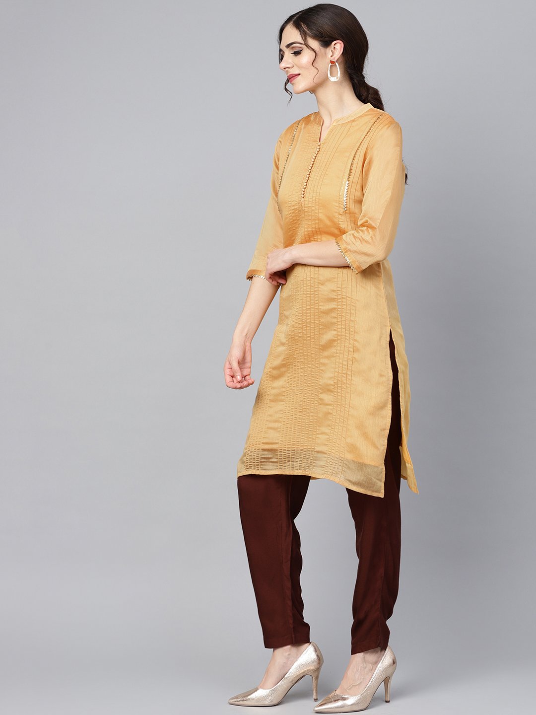 Women's Mustard Brown Chanderi Straight Kurta With Lining With Solid Chocolate Brown Rayon Pants With Kotadoriya Dupatta