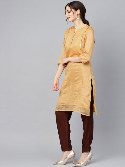 Women's Mustard Brown Chanderi Straight Kurta With Lining With Solid Chocolate Brown Rayon Pants With Kotadoriya Dupatta