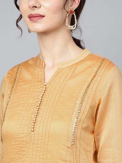 Women's Mustard Brown Chanderi Straight Kurta With Lining With Solid Chocolate Brown Rayon Pants With Kotadoriya Dupatta