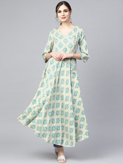 Women's Sage Green Printed V-Neck Angrakha Style 3/4Th Assymetrical Sleeve Falred Kurta With Solid Pants.