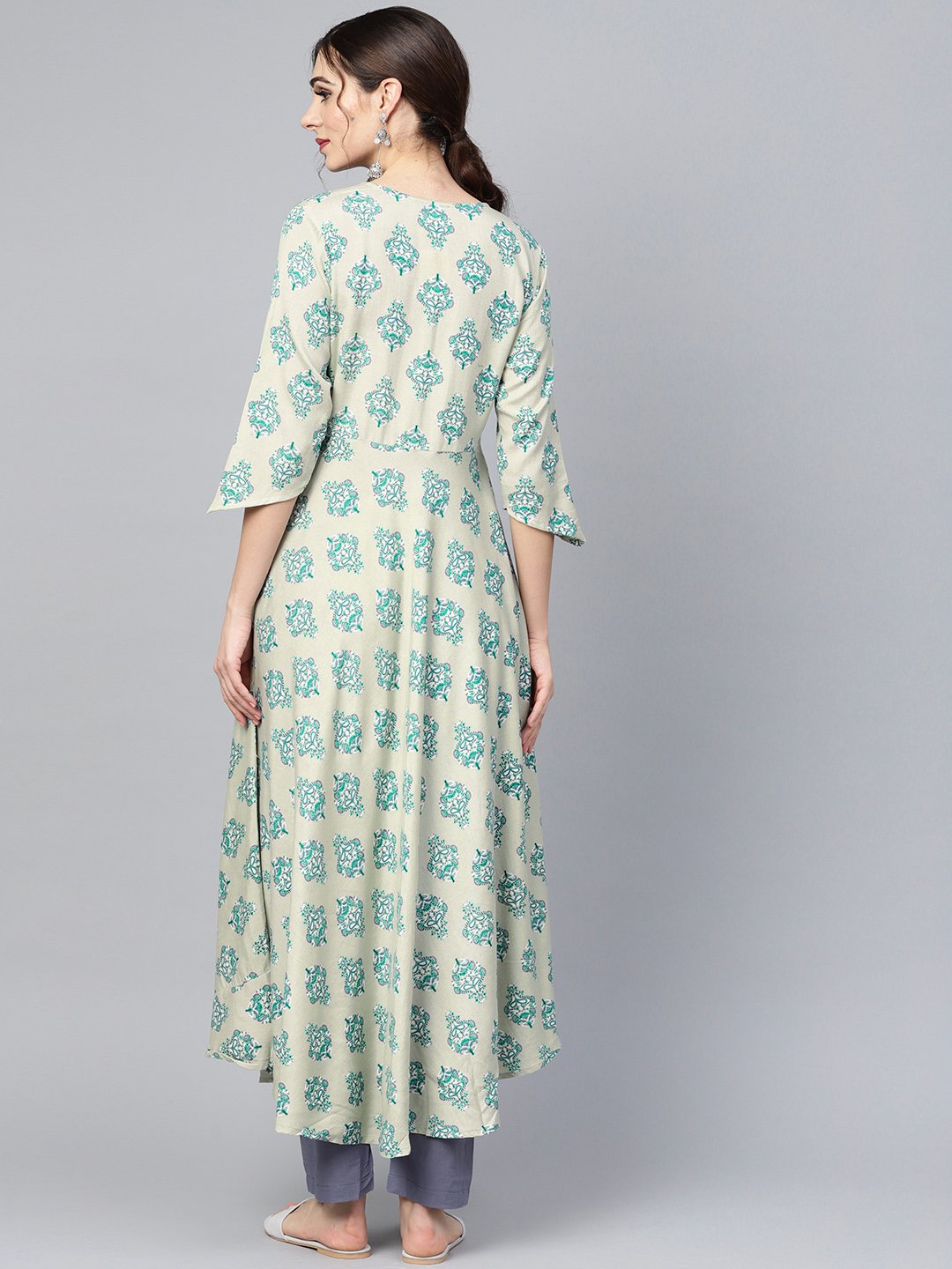 Women's Sage Green Printed V-Neck Angrakha Style 3/4Th Assymetrical Sleeve Falred Kurta With Solid Pants.