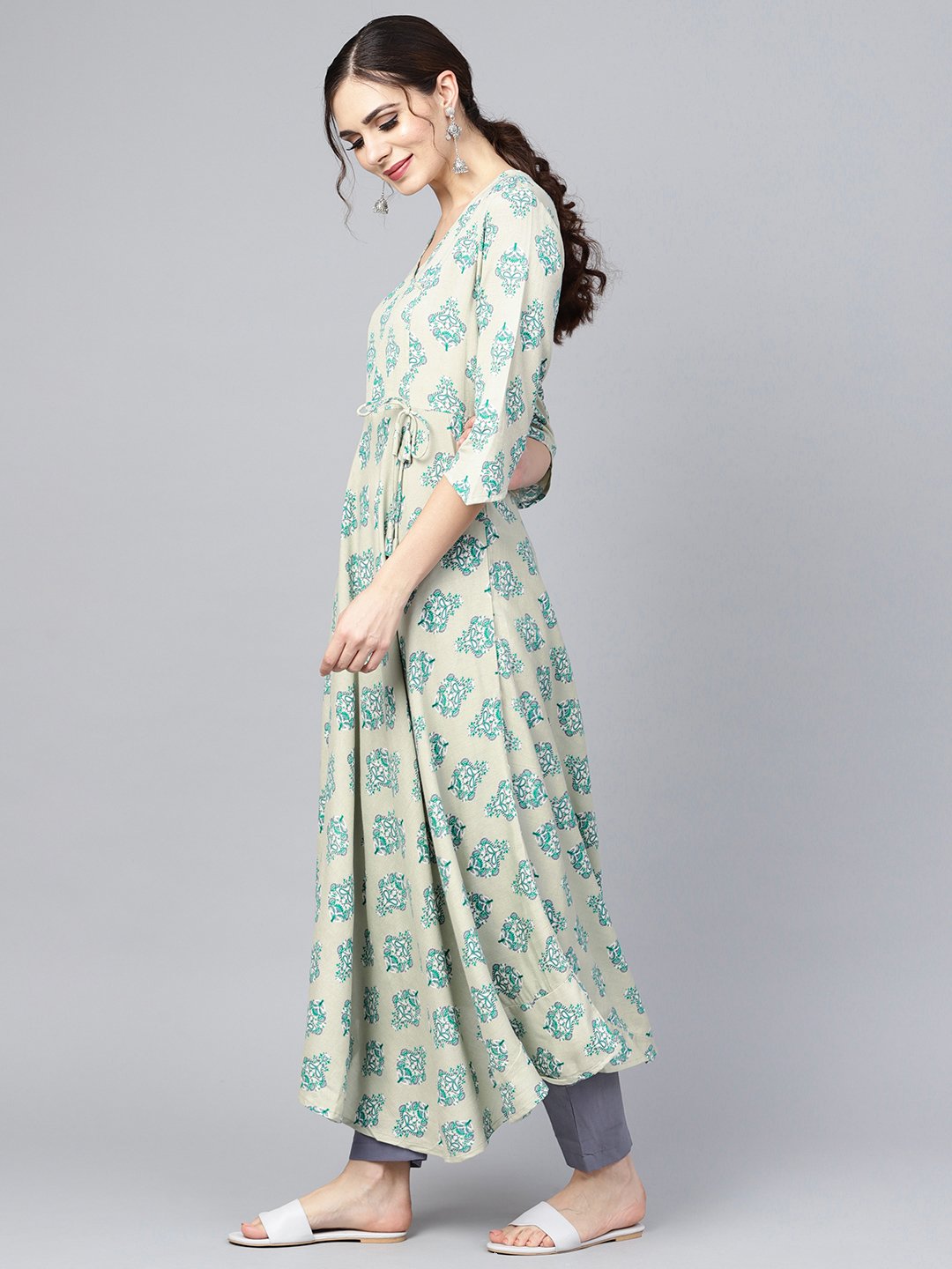 Women's Sage Green Printed V-Neck Angrakha Style 3/4Th Assymetrical Sleeve Falred Kurta With Solid Pants.