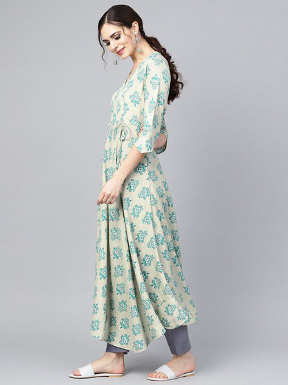 Women's Sage Green Printed V-Neck Angrakha Style 3/4Th Assymetrical Sleeve Falred Kurta With Solid Pants.
