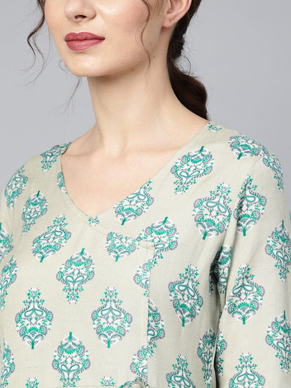 Women's Sage Green Printed V-Neck Angrakha Style 3/4Th Assymetrical Sleeve Falred Kurta With Solid Pants.