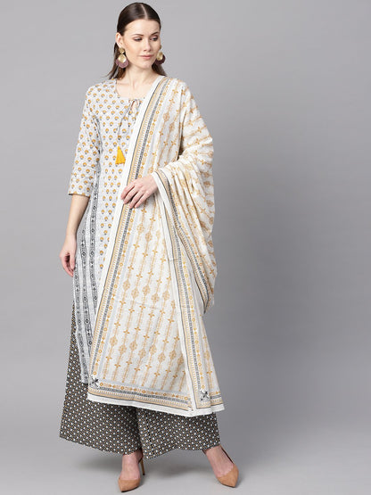Women's Light Grey Printed Round Neck With Slit And Hangings 3/4Th Sleeve Straight Panneled Kurta With Printed Palazzo And Printed Dupatta.