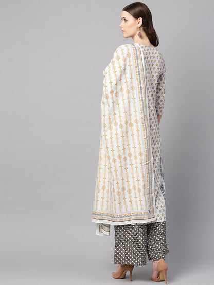 Women's Light Grey Printed Round Neck With Slit And Hangings 3/4Th Sleeve Straight Panneled Kurta With Printed Palazzo And Printed Dupatta.