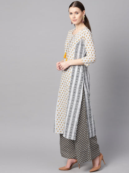 Women's Light Grey Printed Round Neck With Slit And Hangings 3/4Th Sleeve Straight Panneled Kurta With Printed Palazzo And Printed Dupatta.