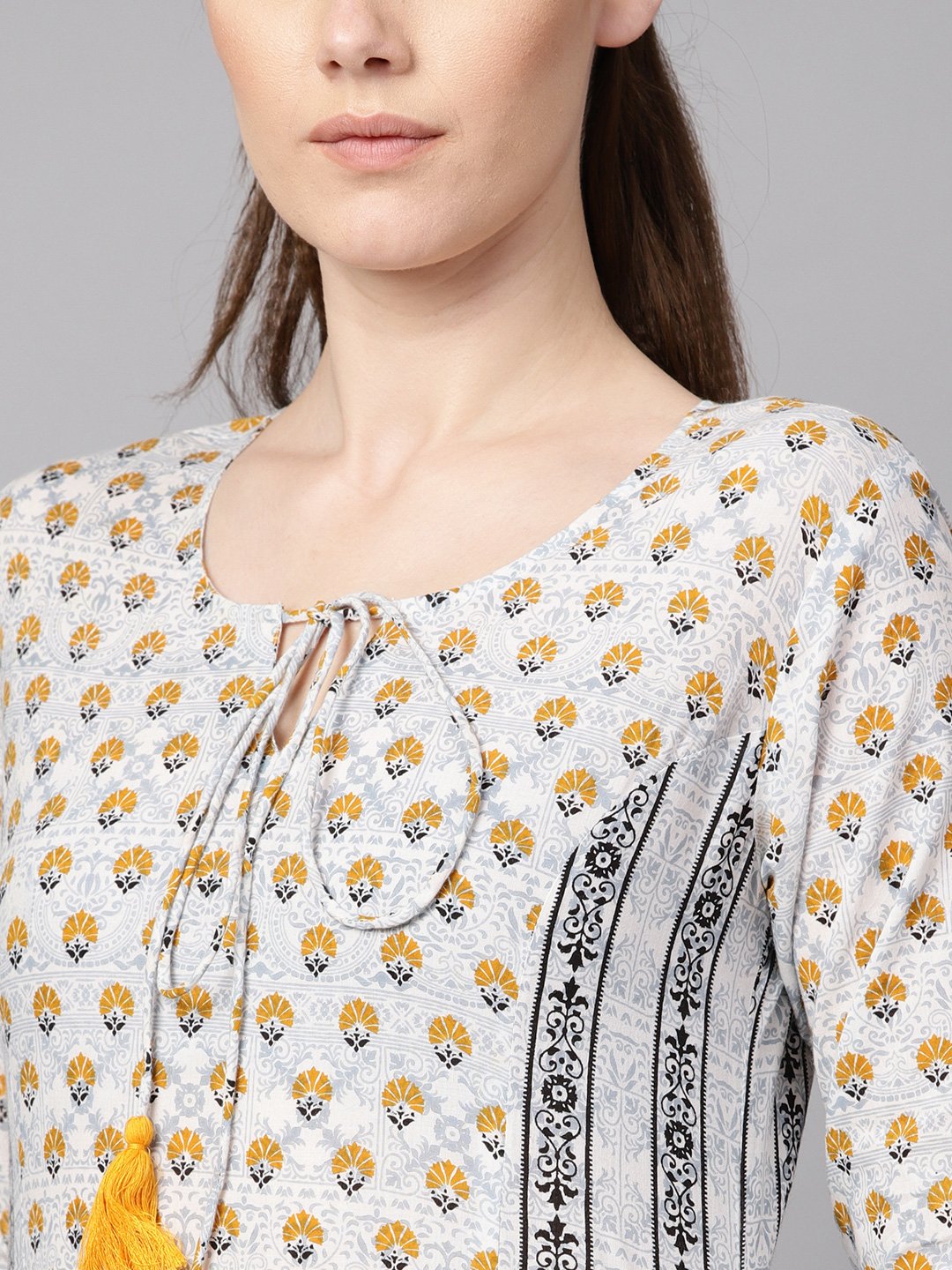 Women's Light Grey Printed Round Neck With Slit And Hangings 3/4Th Sleeve Straight Panneled Kurta With Printed Palazzo And Printed Dupatta.