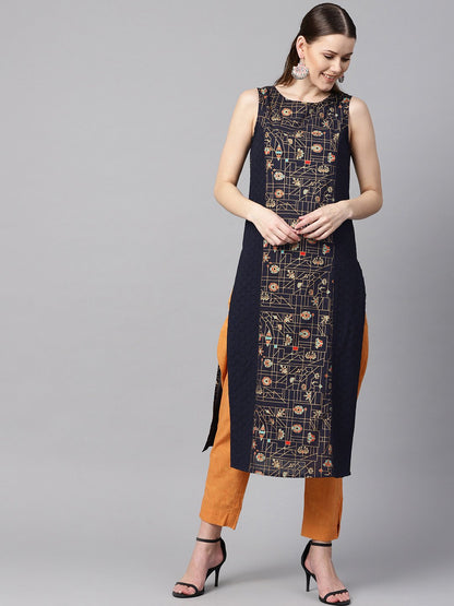 Women's Navy Blue Gold Geometric Printed Sleeveless Kurta With Panneled Schiffli
