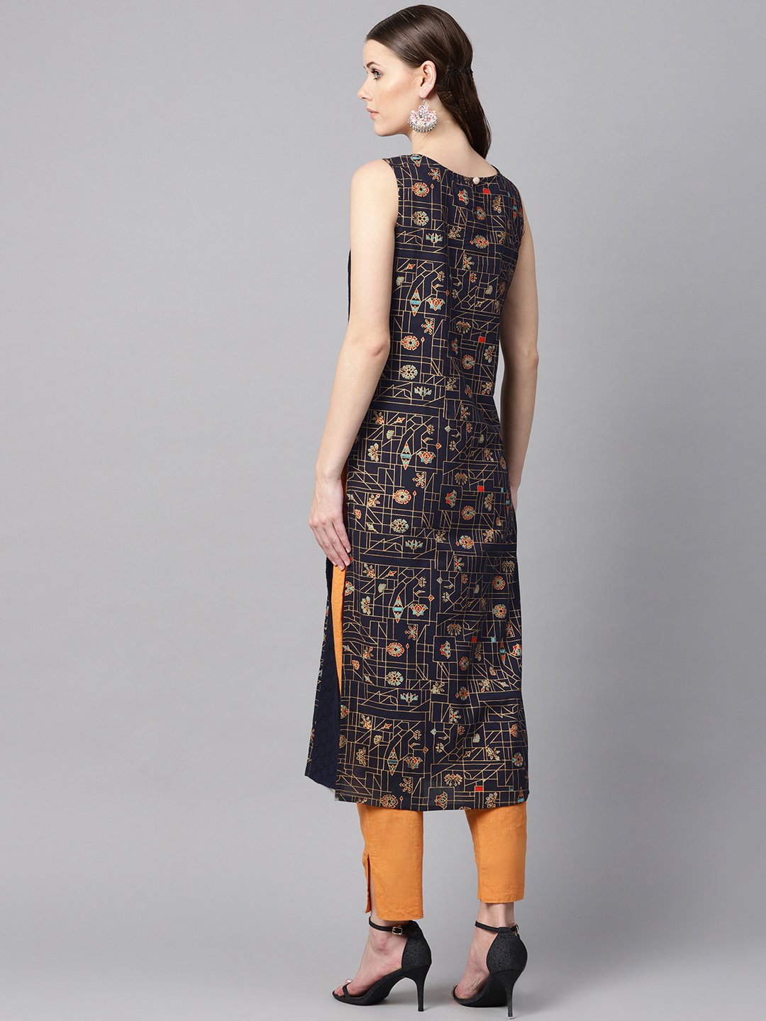 Women's Navy Blue Gold Geometric Printed Sleeveless Kurta With Panneled Schiffli