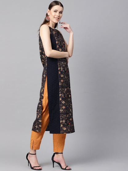 Women's Navy Blue Gold Geometric Printed Sleeveless Kurta With Panneled Schiffli