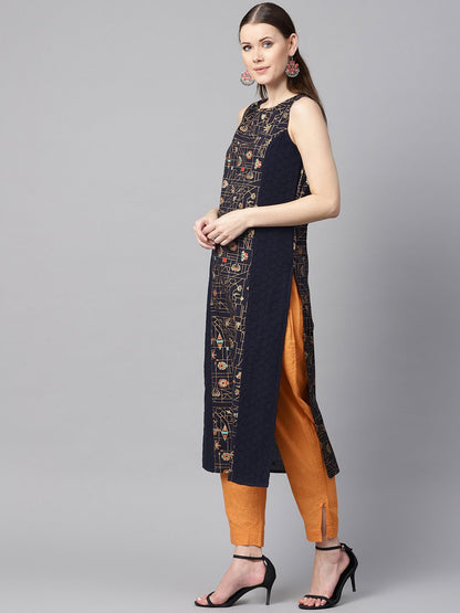Women's Navy Blue Gold Geometric Printed Sleeveless Kurta With Panneled Schiffli
