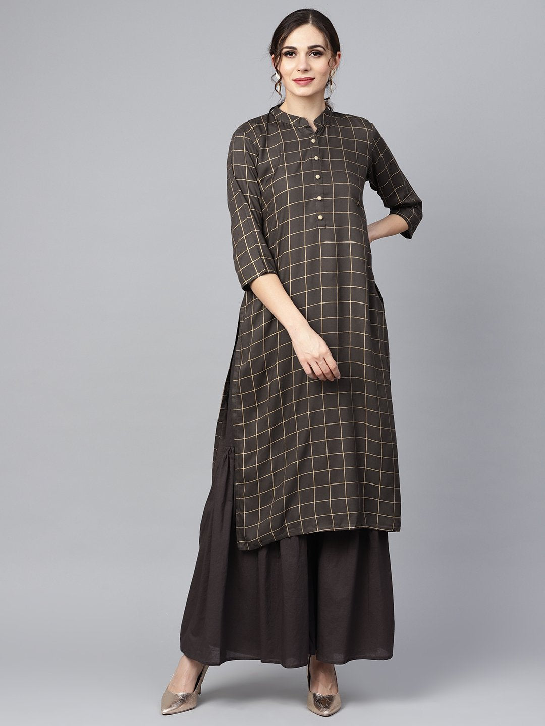 Women's Black Checkered Gold Printed 3/4Th Sleeve Chinese Collared Button Detailing Kurta With Solid Sharara