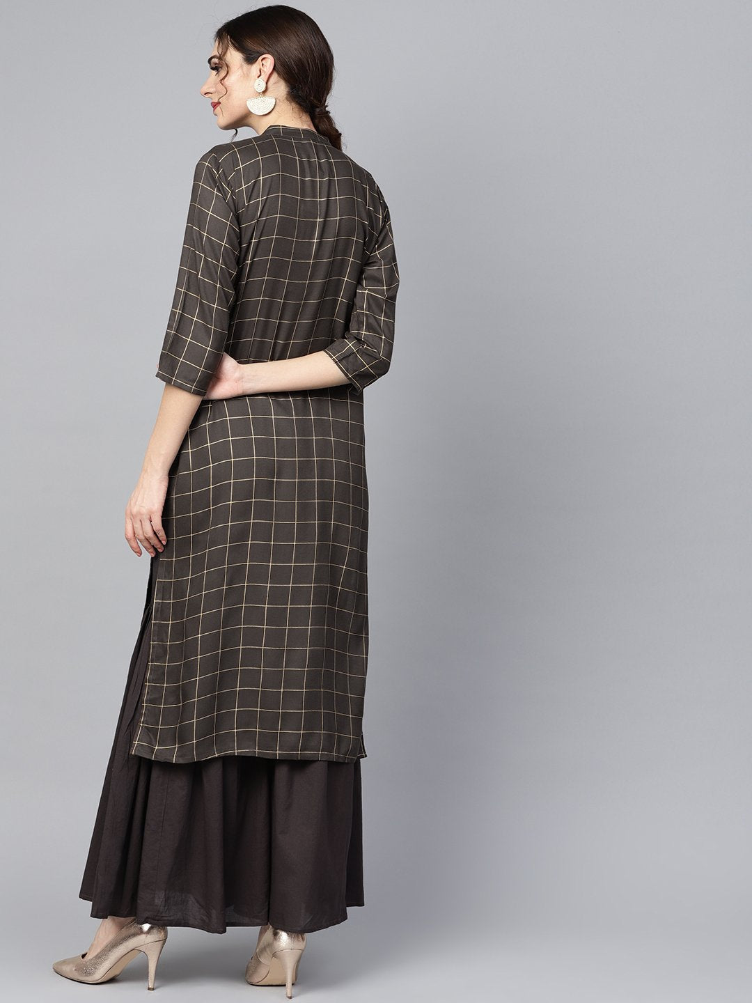 Women's Black Checkered Gold Printed 3/4Th Sleeve Chinese Collared Button Detailing Kurta With Solid Sharara
