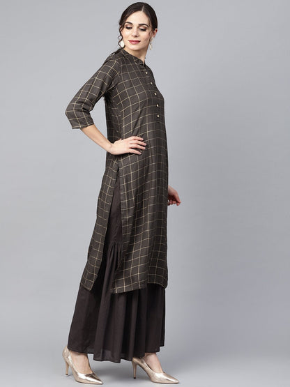 Women's Black Checkered Gold Printed 3/4Th Sleeve Chinese Collared Button Detailing Kurta With Solid Sharara